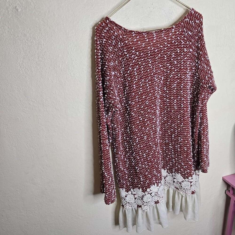 Burgundy Popcorn Knit Lace Ruffle Tunic Dress - Picture 2 of 8
